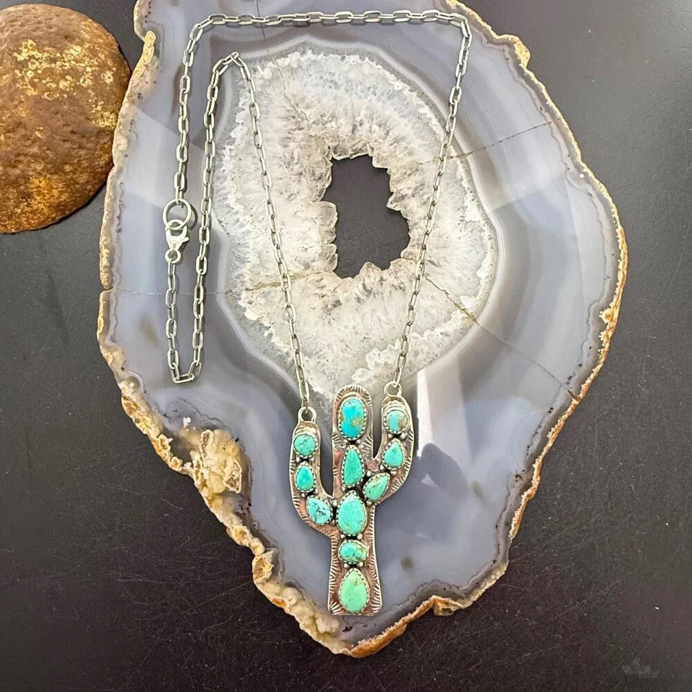 Sterling Southwestern Style Kingman Turquoise Cactus Pendant 22.5